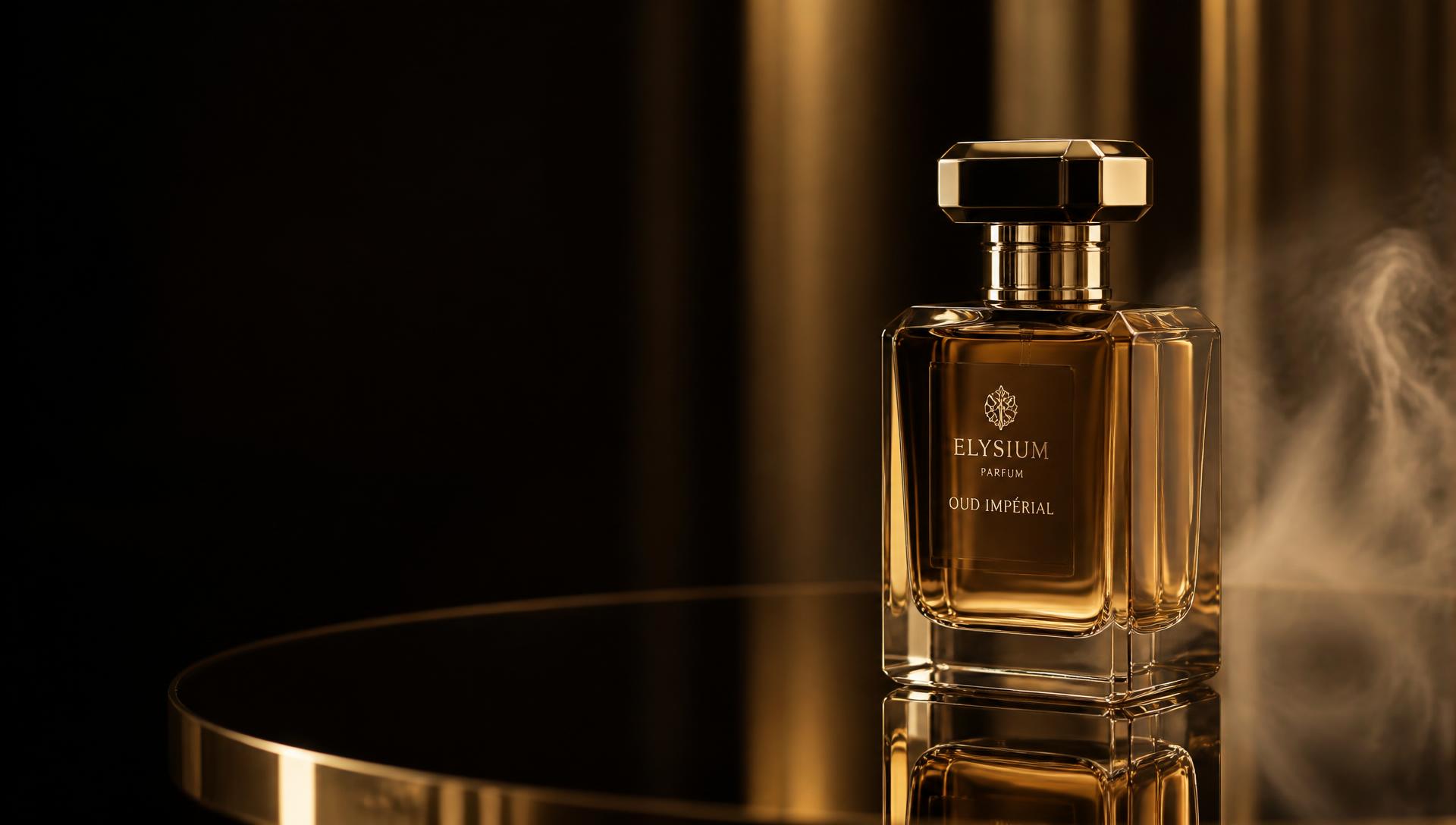 Luxury perfume bottle on a reflective surface